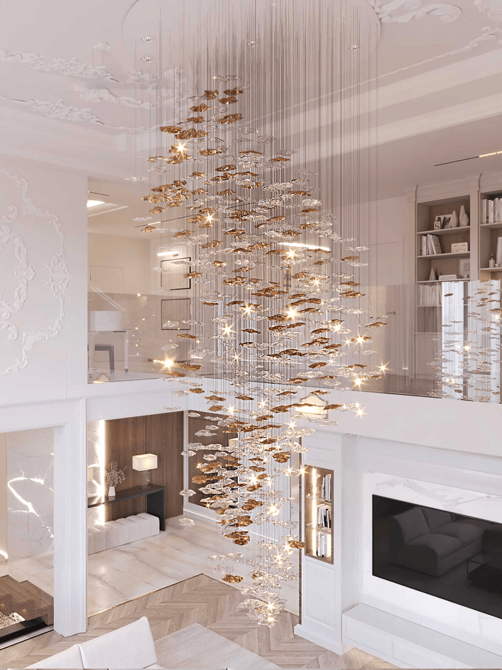 Grande lampadario a foglie di cristallo Nephele — Rosone 210x80cm, onde a cascata