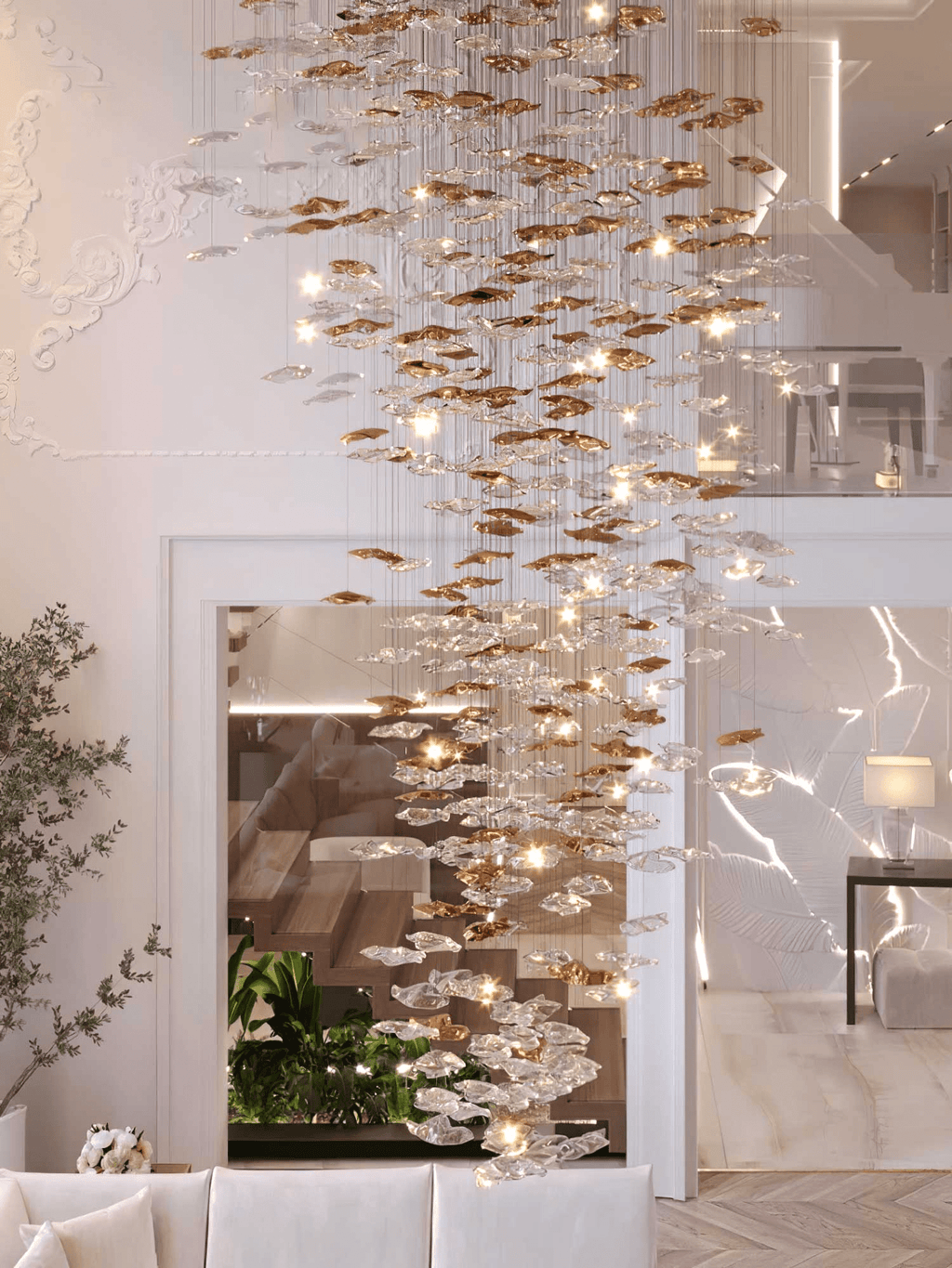 Grande lampadario a foglie di cristallo Nephele — Rosone 210x80cm, onde a cascata