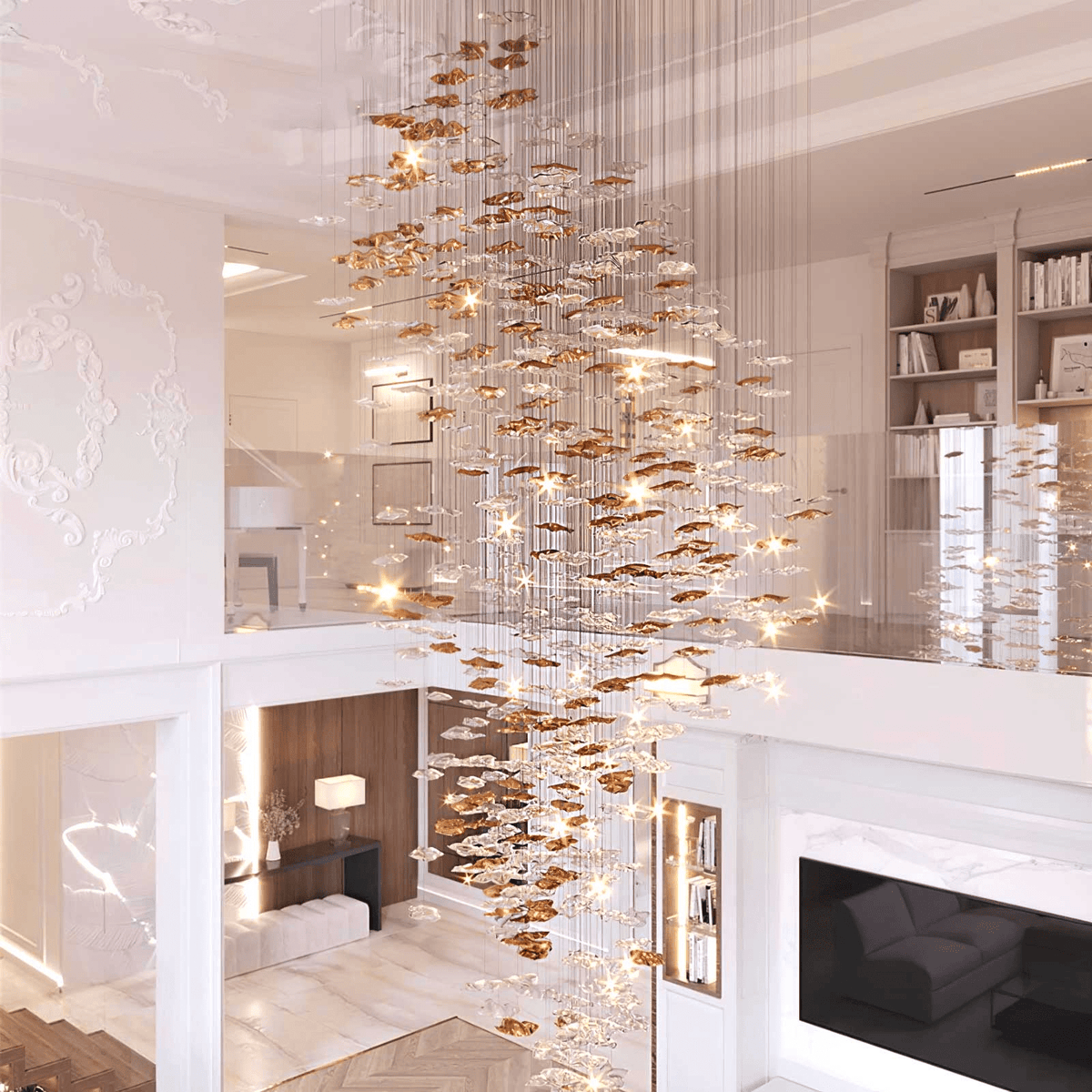 Grande lampadario a foglie di cristallo Nephele — Rosone 210x80cm, onde a cascata