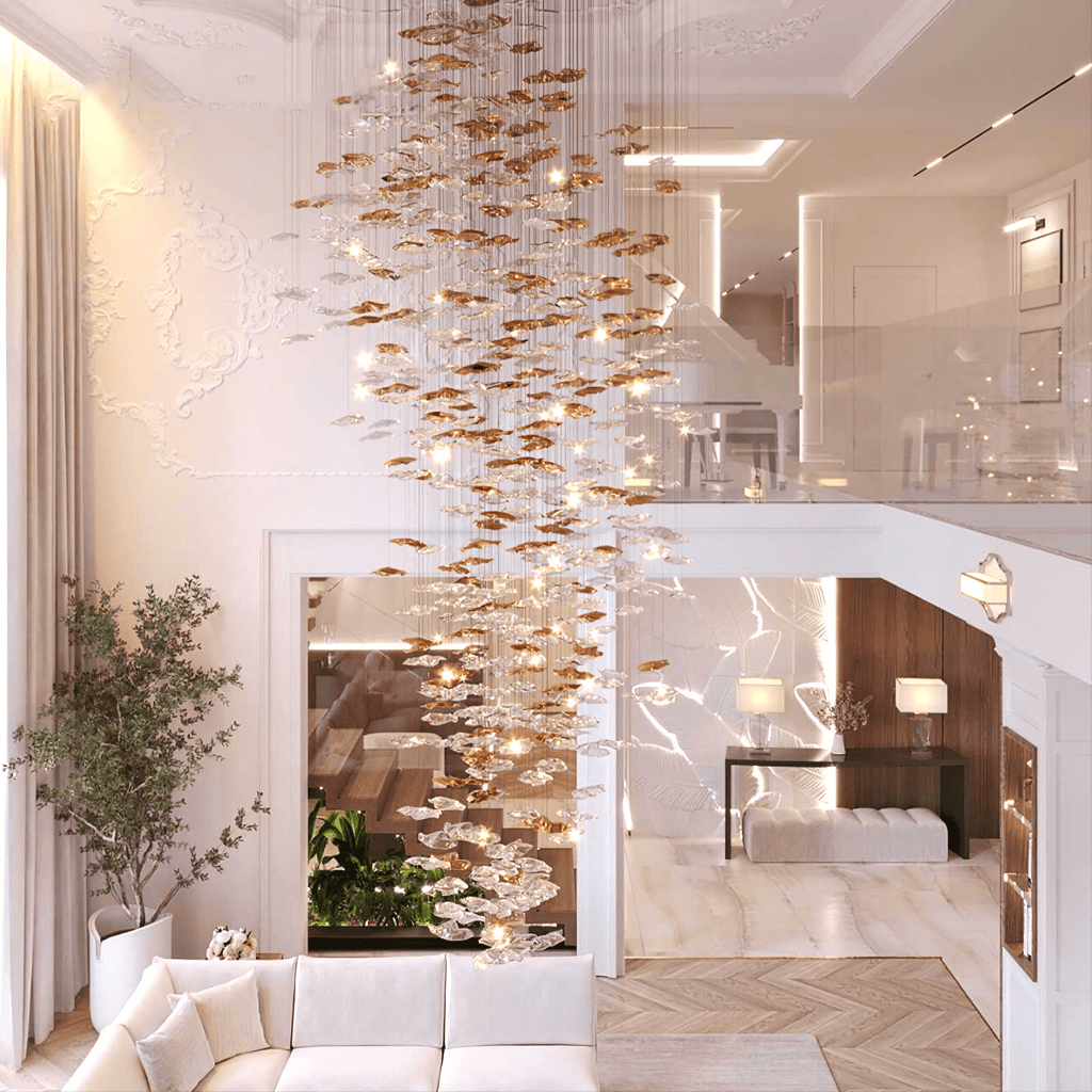 Grande lampadario a foglie di cristallo Nephele — Rosone 210x80cm, onde a cascata