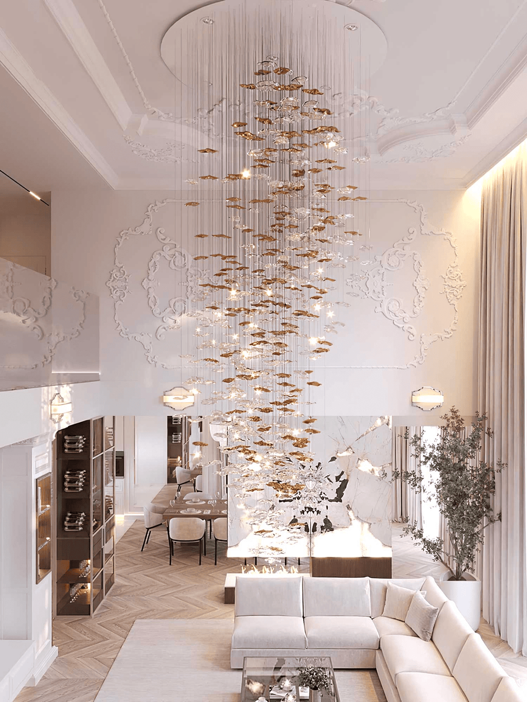 Grande lampadario a foglie di cristallo Nephele — Rosone 210x80cm, onde a cascata