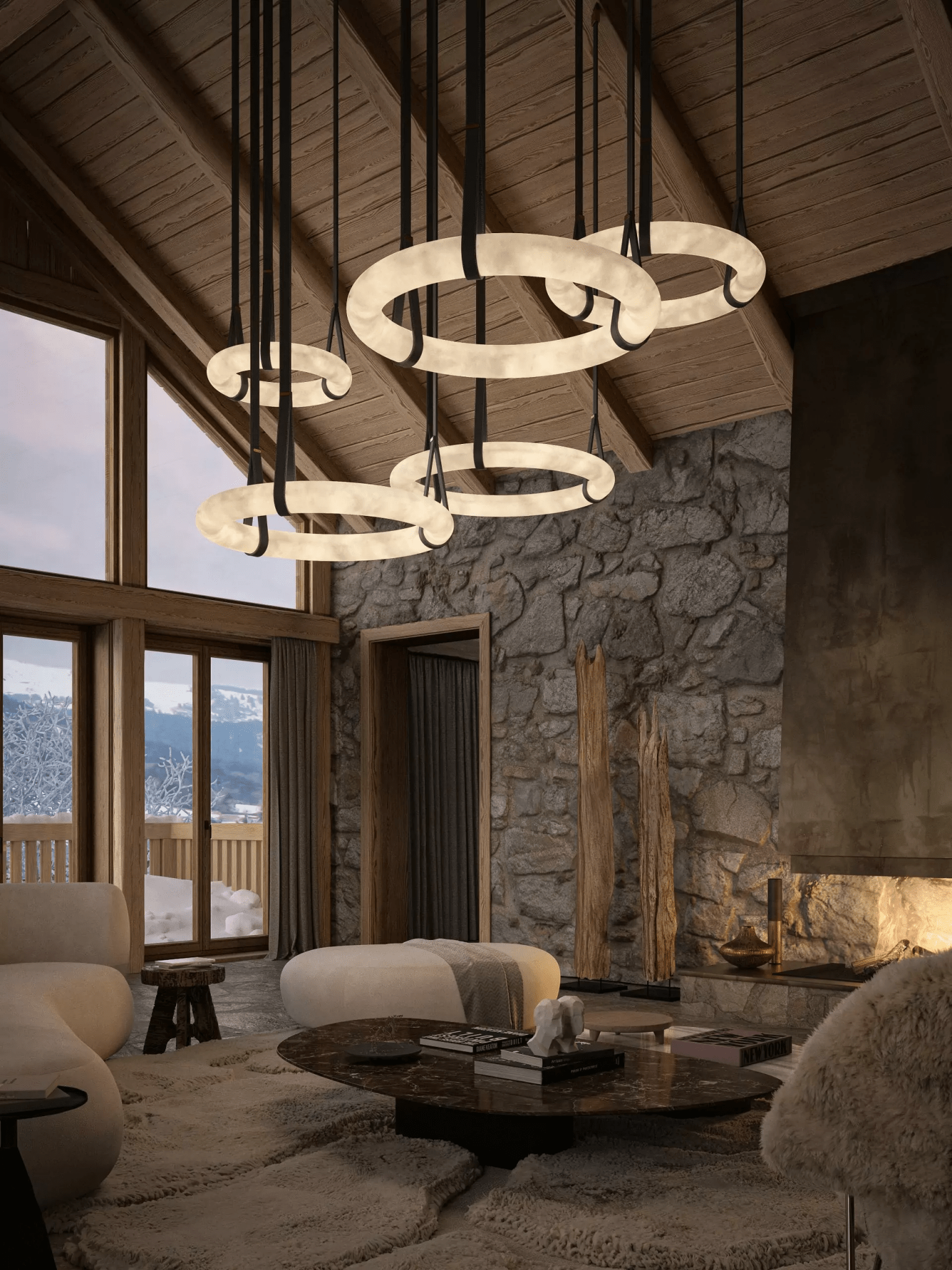 Oslo Alabaster Pendelleuchte A — handgeschnitzter Alabasterring, Lederband