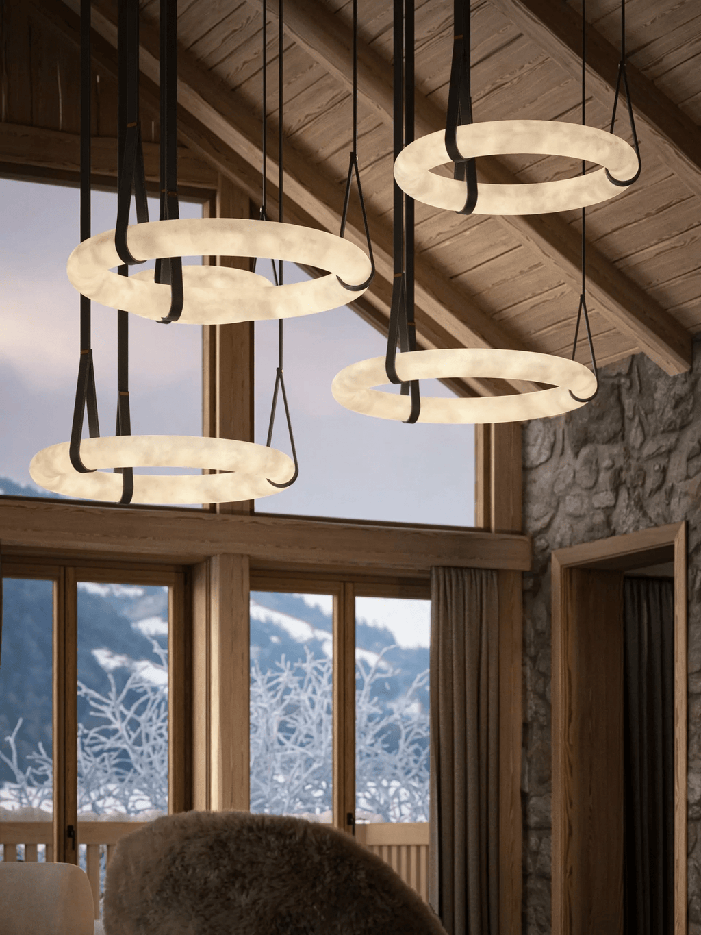 Lampada a sospensione Oslo in alabastro A — Anello in alabastro intagliato a mano, cinturino in pelle