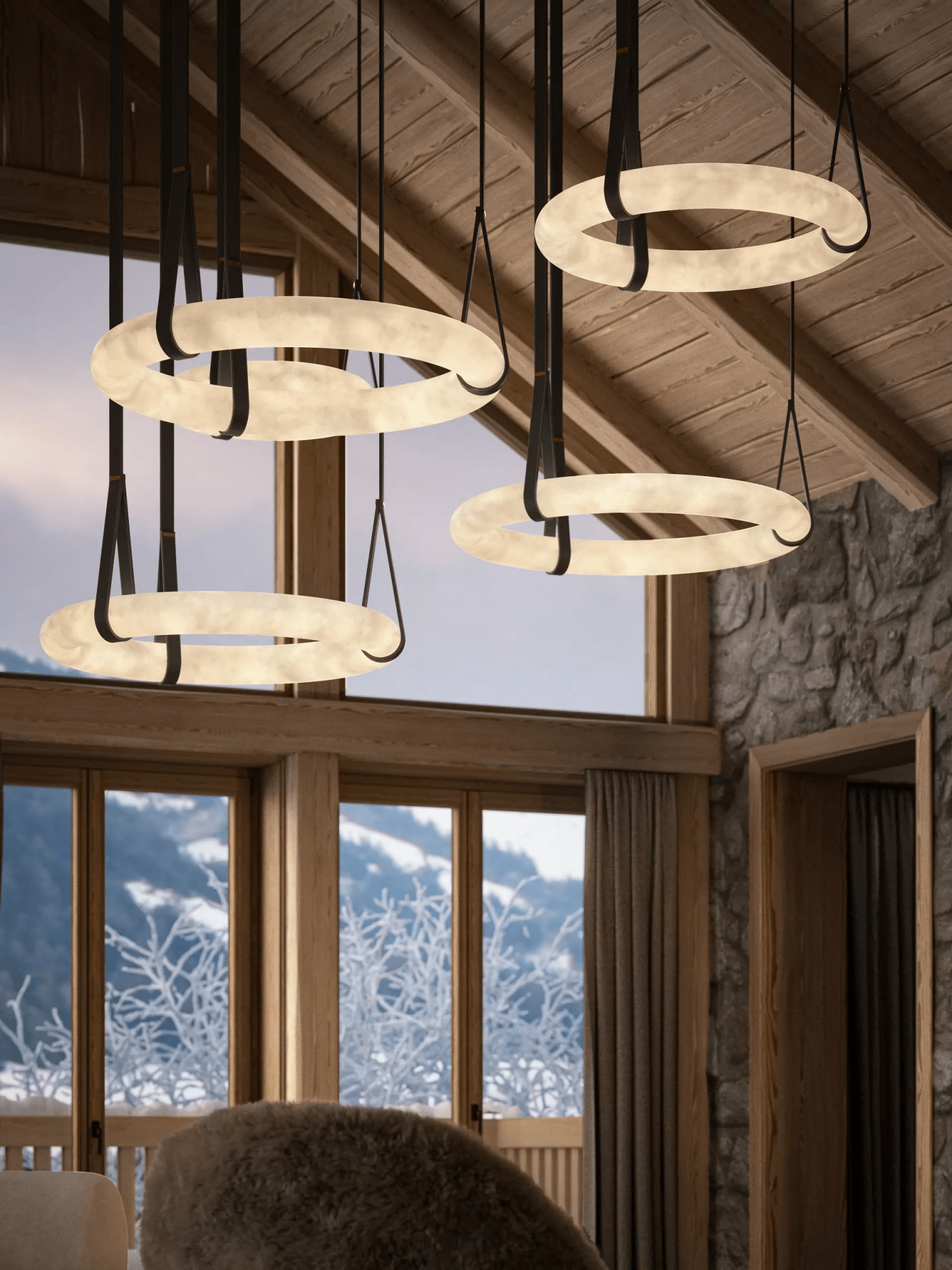 Oslo Alabaster Pendelleuchte A — handgeschnitzter Alabasterring, Lederband