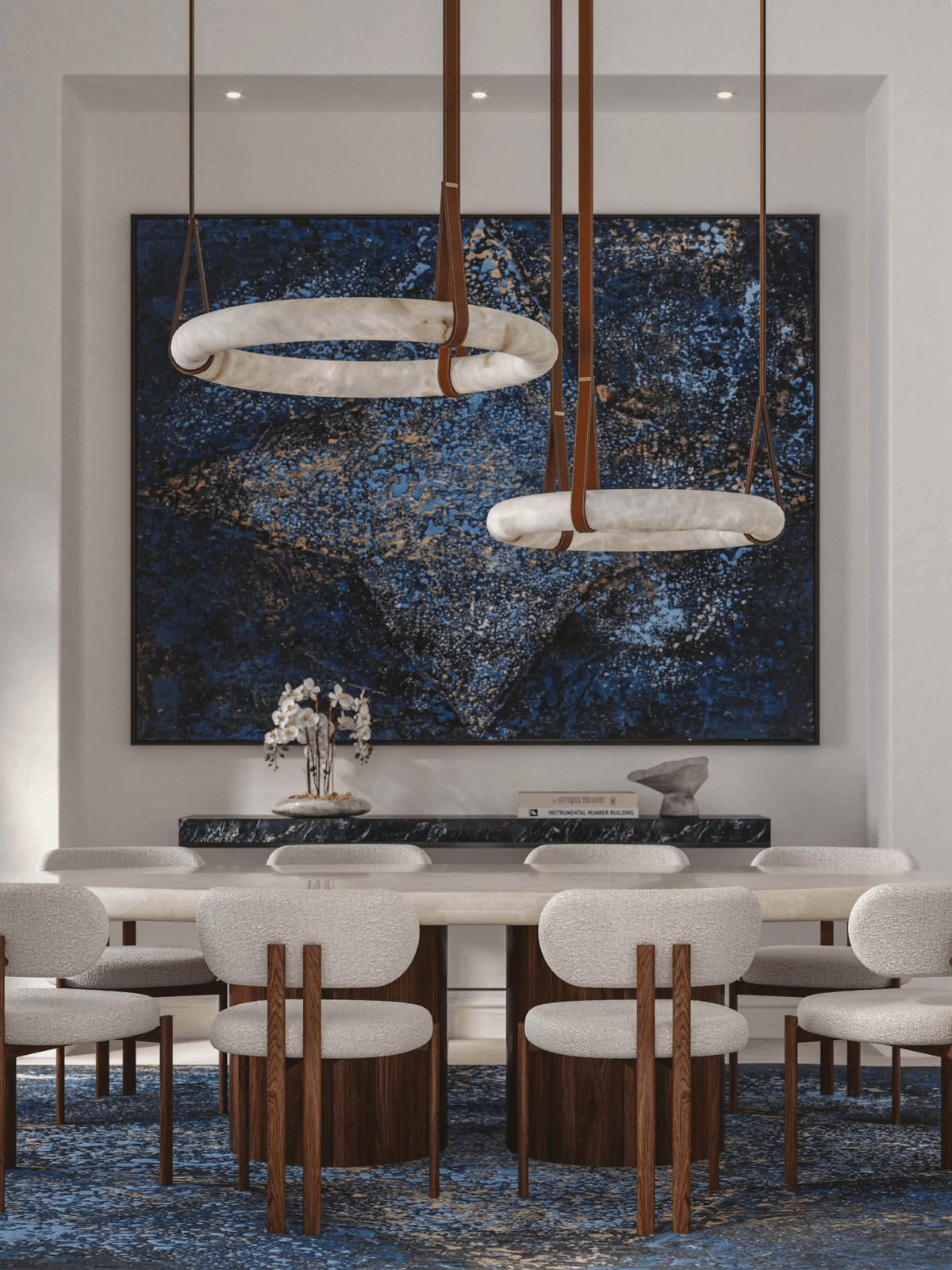 Oslo Alabaster Pendelleuchte A — handgeschnitzter Alabasterring, Lederband