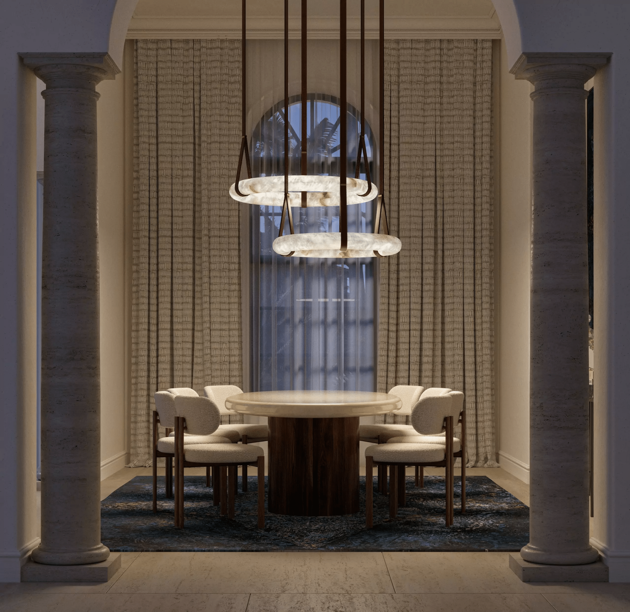 Oslo Alabaster Pendelleuchte A — handgeschnitzter Alabasterring, Lederband