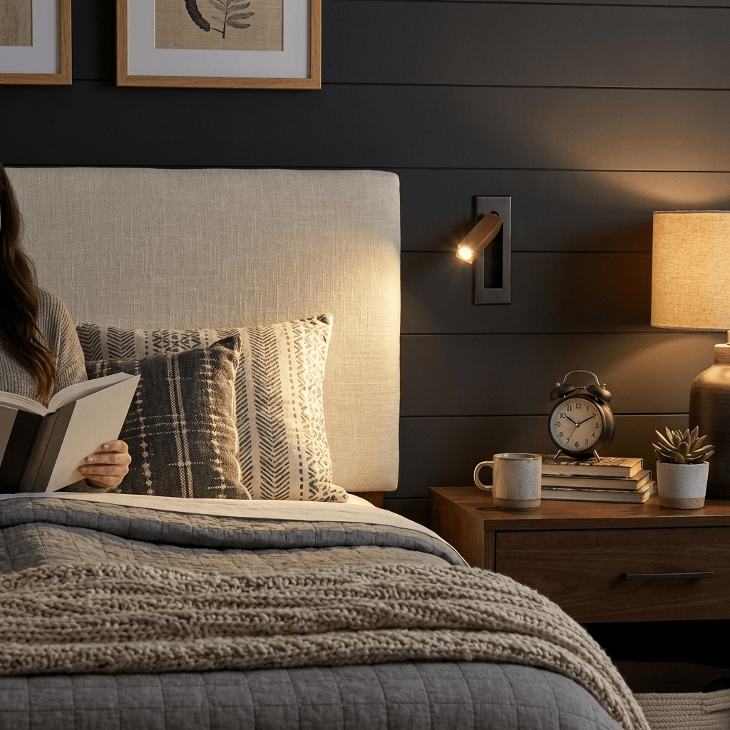 Adjustable Flush-Fold Bedside Sconce — Integrated Pull-Out Switch