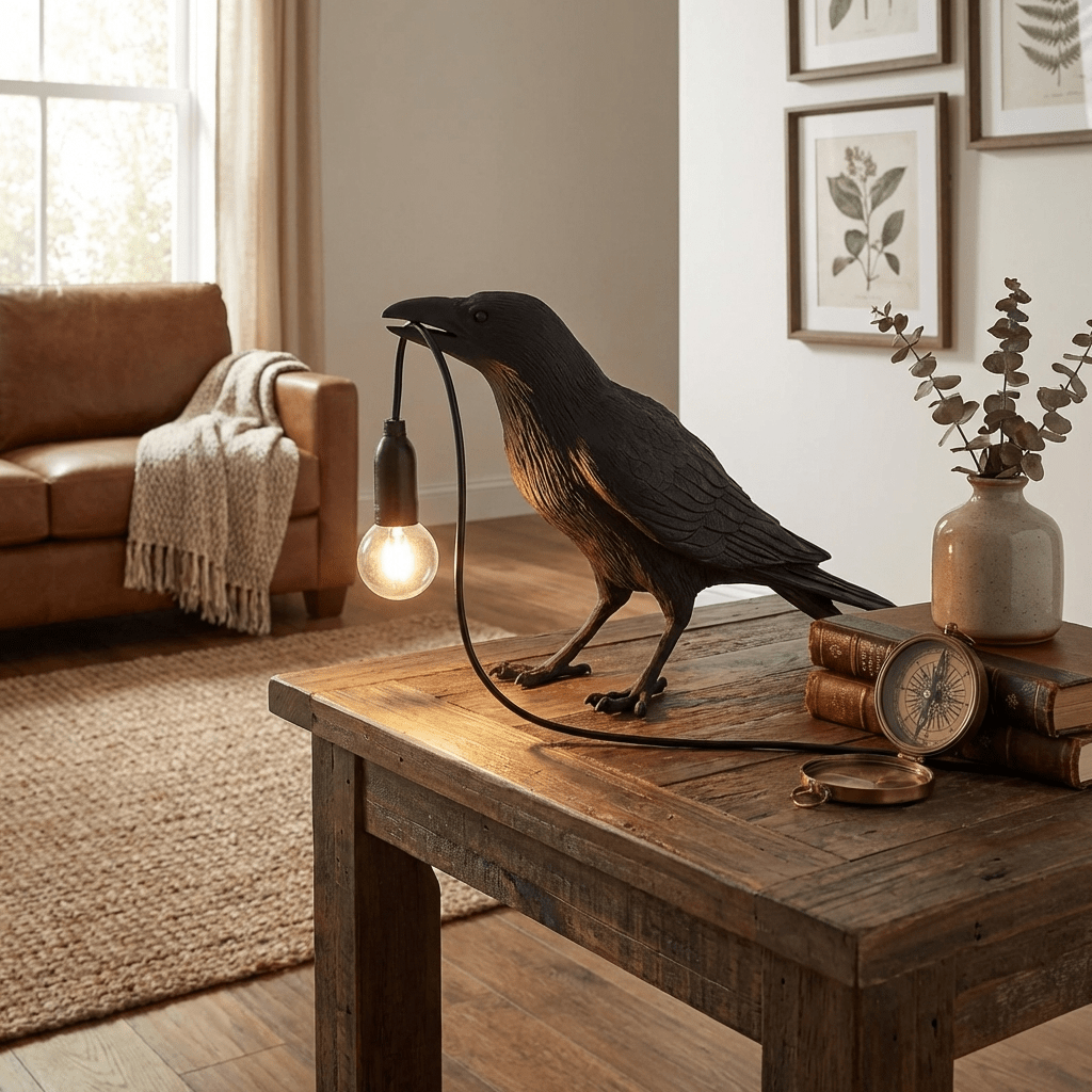 Sochařská stolní lampa Raven z pryskyřice — světlo pro žárovku Edison