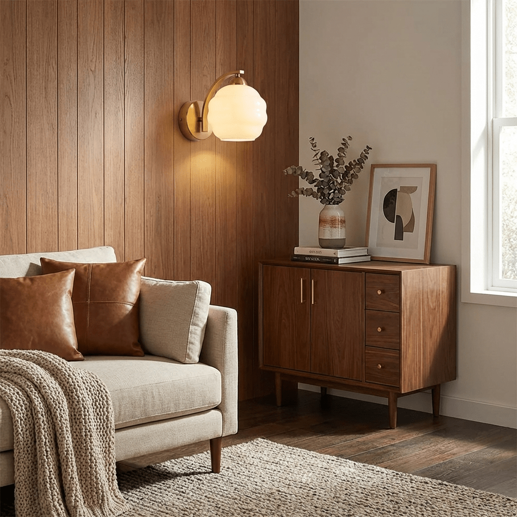 VKL-1011 Vintage nástěnné svítidlo ve stylu art deco — bílé skleněné stínidla, zakřivené linie