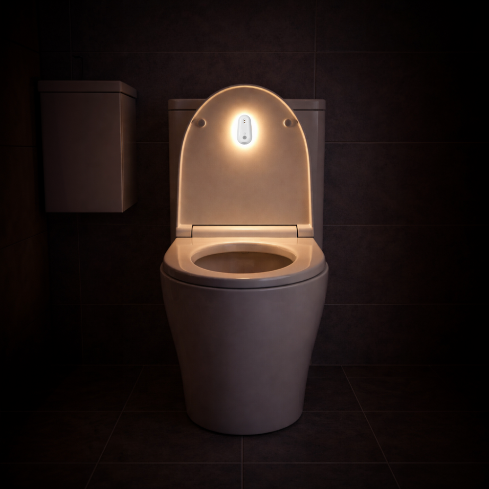 Toilet bowl softly lit by the night light in a dark bathroom