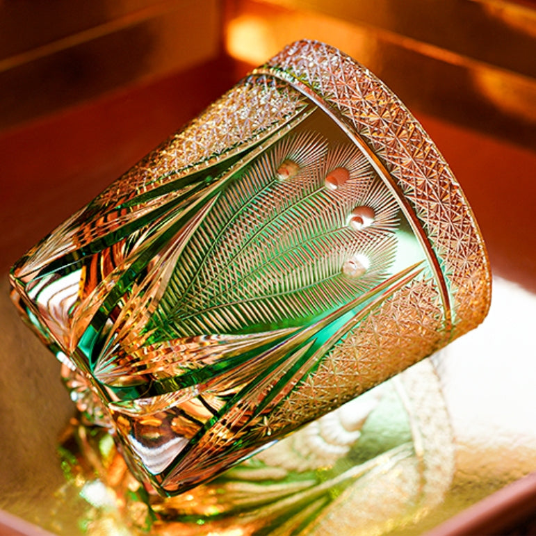 江户切子手工制作翡翠孔雀威士忌杯，配木盒