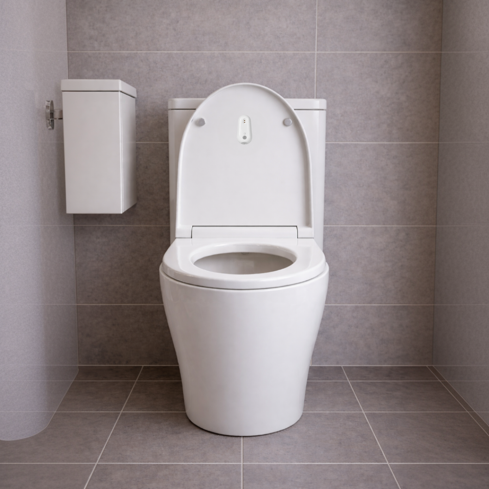 Toilet with the UV sanitiser and night light mounted under the lid