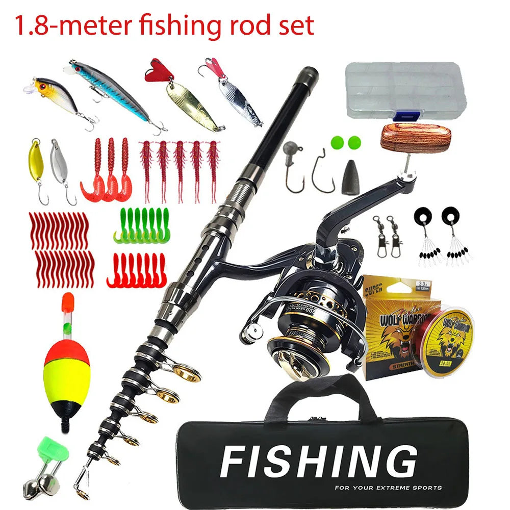Kit completo canna da pesca telescopica in carbonio con mulinello spinning