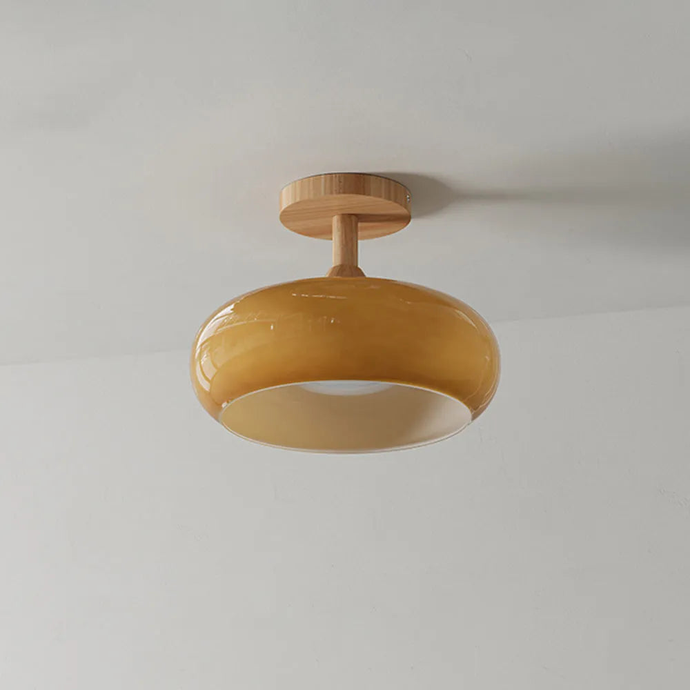 Valentina Flush Mount Ceiling Light — Minimalist Wood and Glass, White/Orange