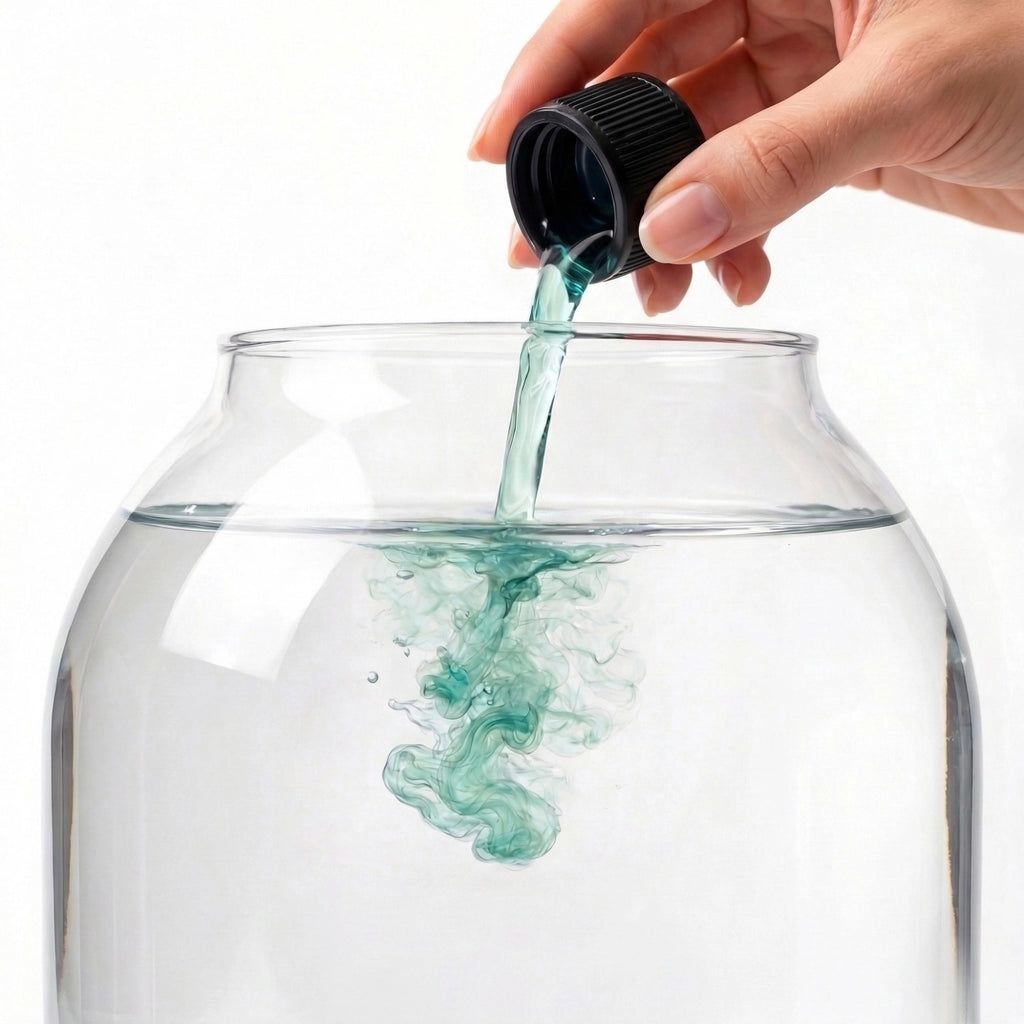 Green liquid plant food dissolving in a jar of water