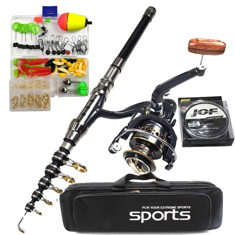 Kit completo canna da pesca telescopica in carbonio con mulinello spinning