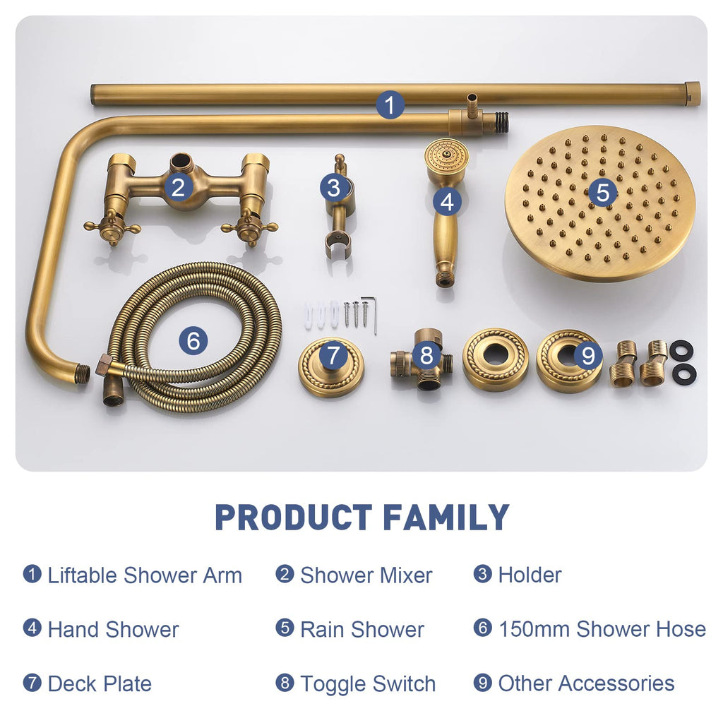 Kit de Duche de Latão Ajustável em Bronze Antigo para Montagem na Parede