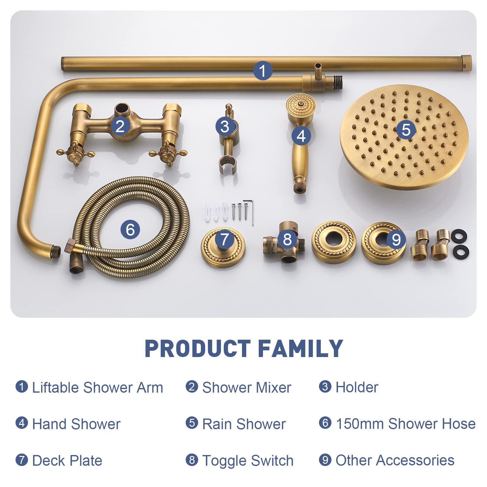 Kit de Duche de Latão Ajustável em Bronze Antigo para Montagem na Parede