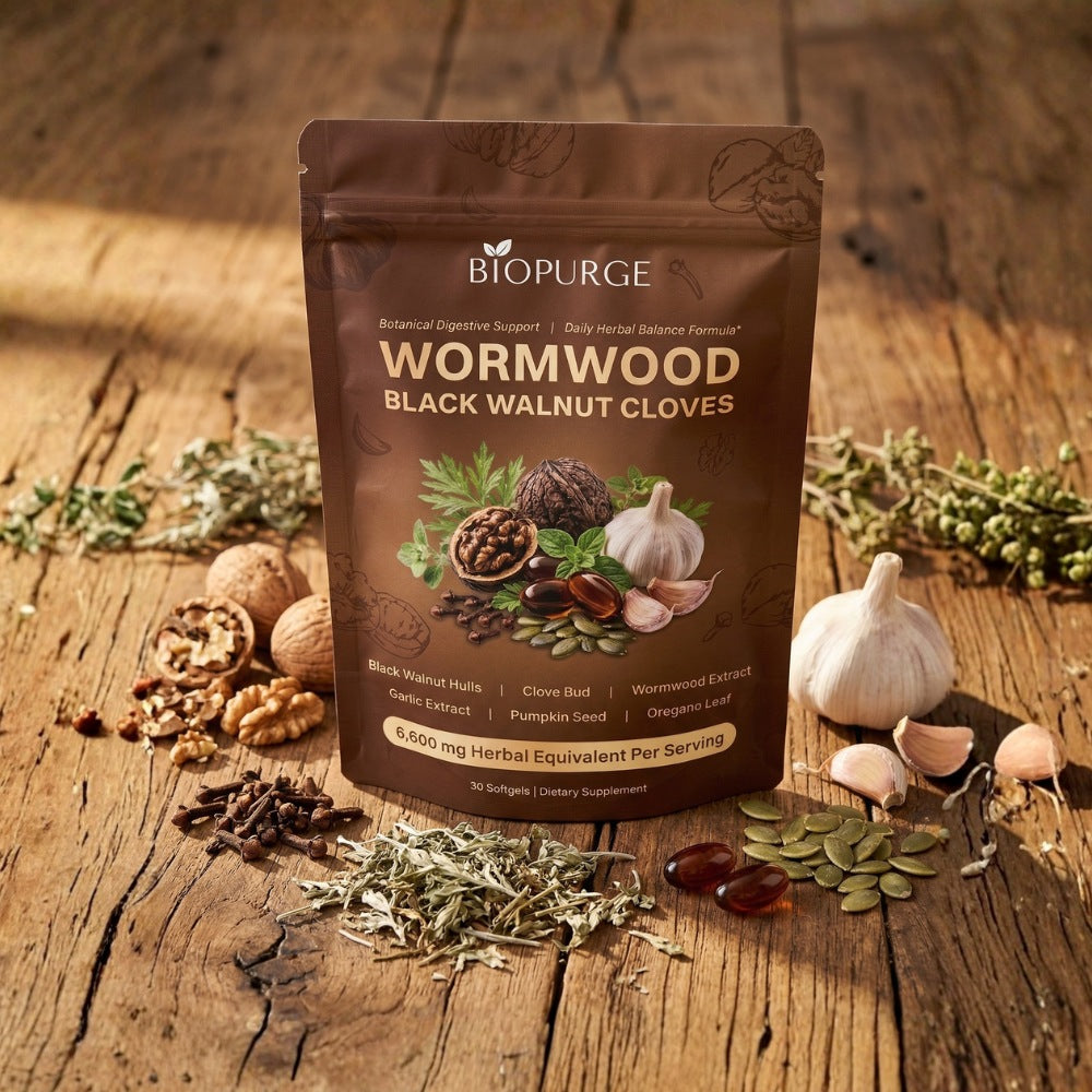 Pouch of wormwood and black walnut softgels on a wooden table with walnuts, garlic and herbs