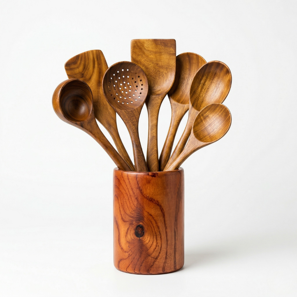 Set di utensili da cucina in legno d’acacia, 7 pezzi – realizzati a mano, finitura a olio, adatti alle padelle