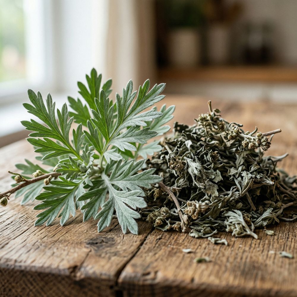 Fresh and dried wormwood leaves on a wooden table