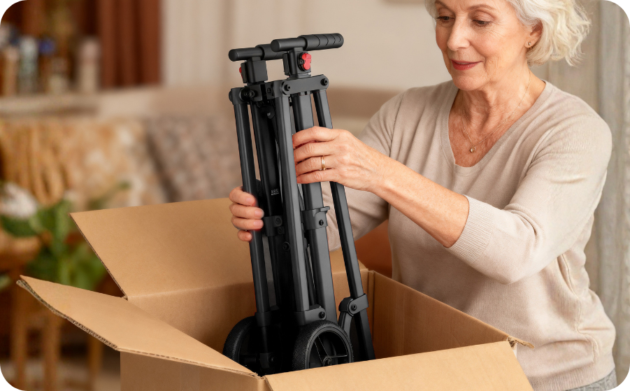 Woman lifting the fully assembled walker out of its box
