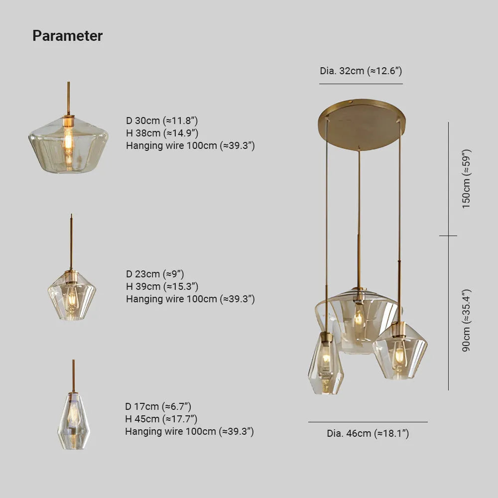 June hanglamp - helder/amberkleurig glas, ruitvorm