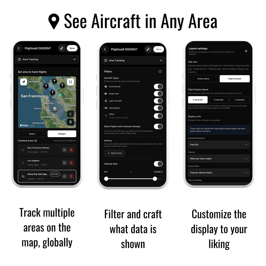 App screens for choosing areas on a map and filtering data