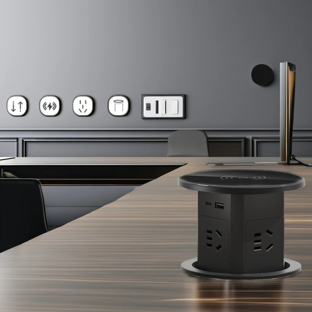 برج مأخذ مكتب تلقائي الظهور مع منفذ USB-C، شحن لاسلكي وقابس عالمي