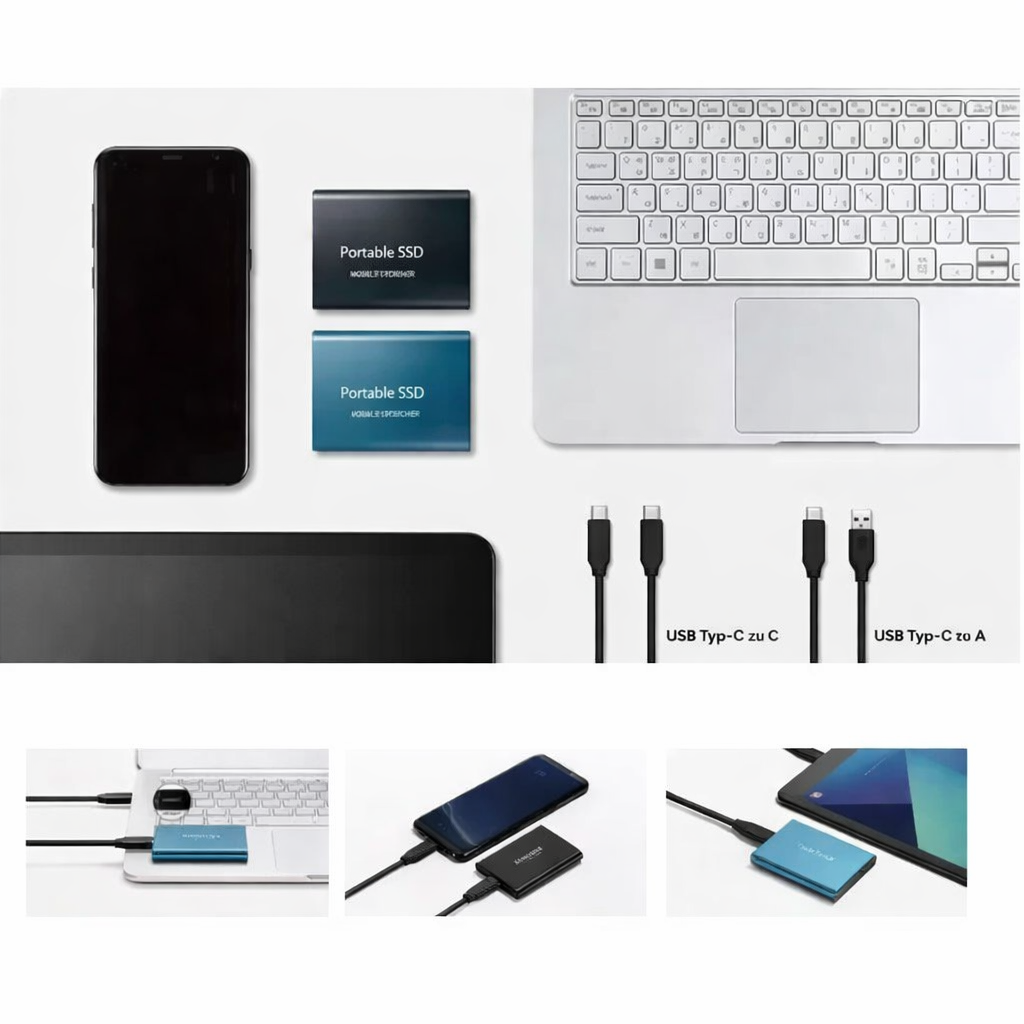 Tragbare SSD für Hochgeschwindigkeitsspeicher und einfache Backups