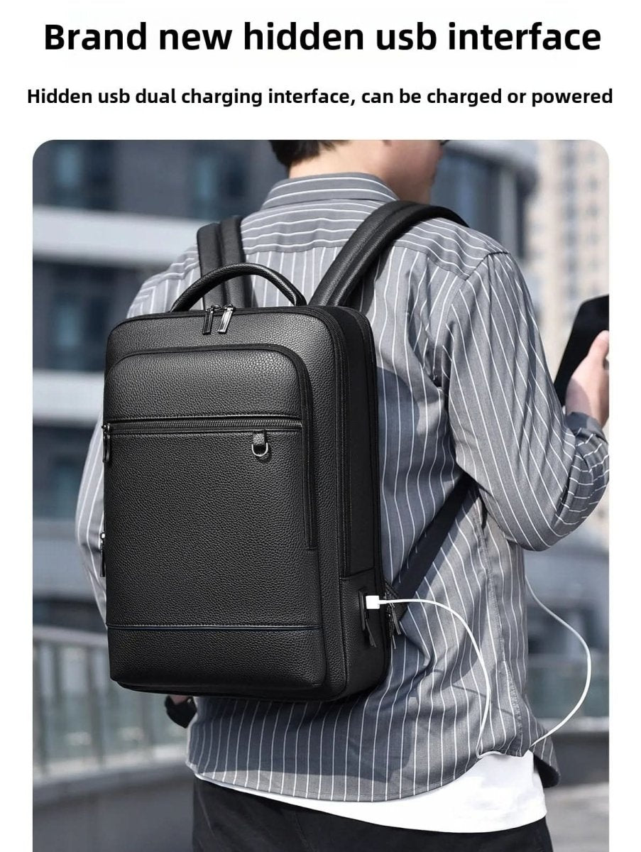 Zaino elegante in pelle con porta USB per laptop da 15.6 pollici, unisex