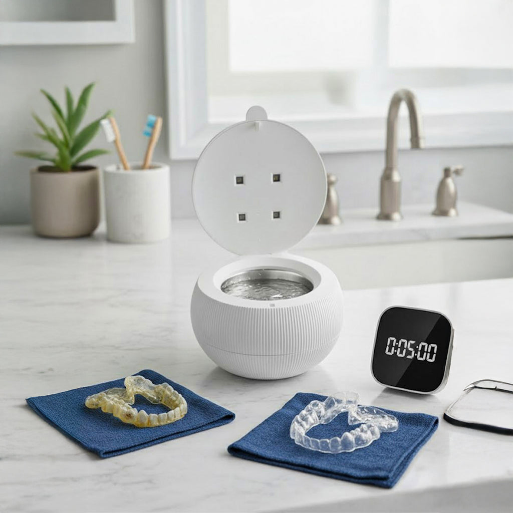 Ultrasonic cleaner on a bathroom counter next to aligners and a small timer