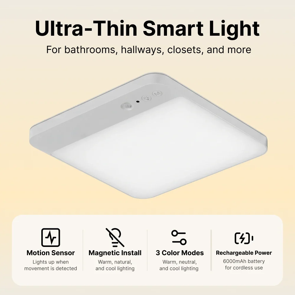 Ultra-Thin Motion Sensor Ceiling Light – Rechargeable, Magnetic Mount, Remote