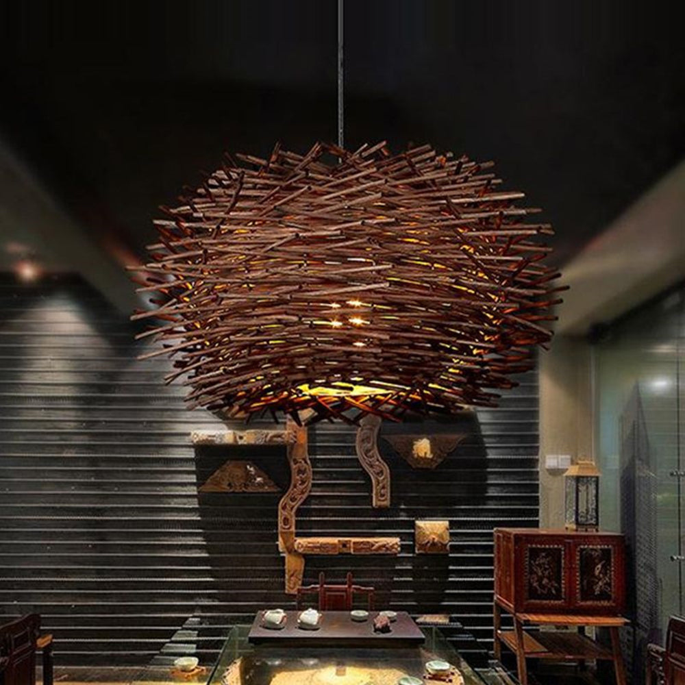 Muto Wooden Bird Nest Rattan Pendant Light, Brown/Wood - Neutralighting