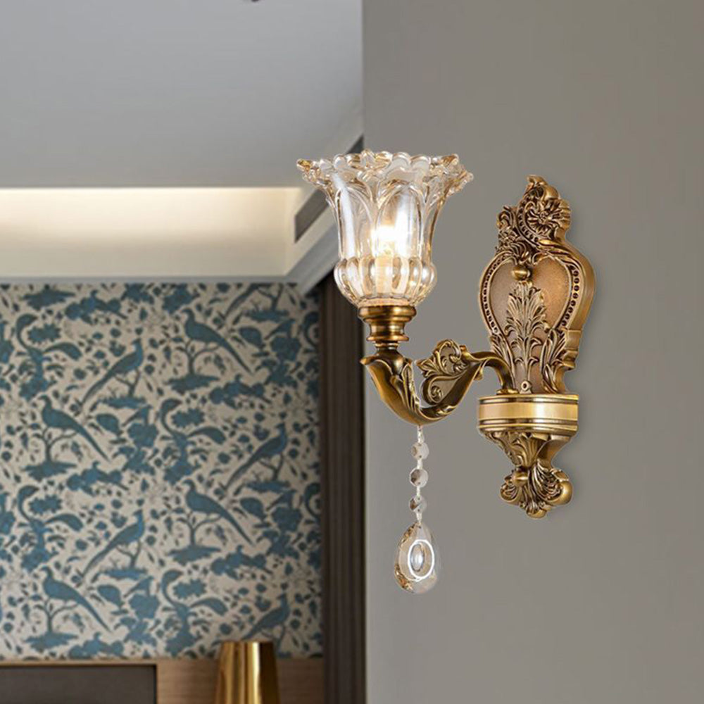 Vintage nástěnná lampa Ramiq Flor - čiré sklo, kovový rám, zlatá