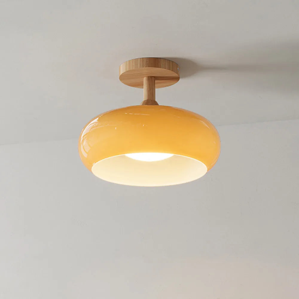 Valentina Flush Mount Ceiling Light — Minimalist Wood and Glass, White/Orange