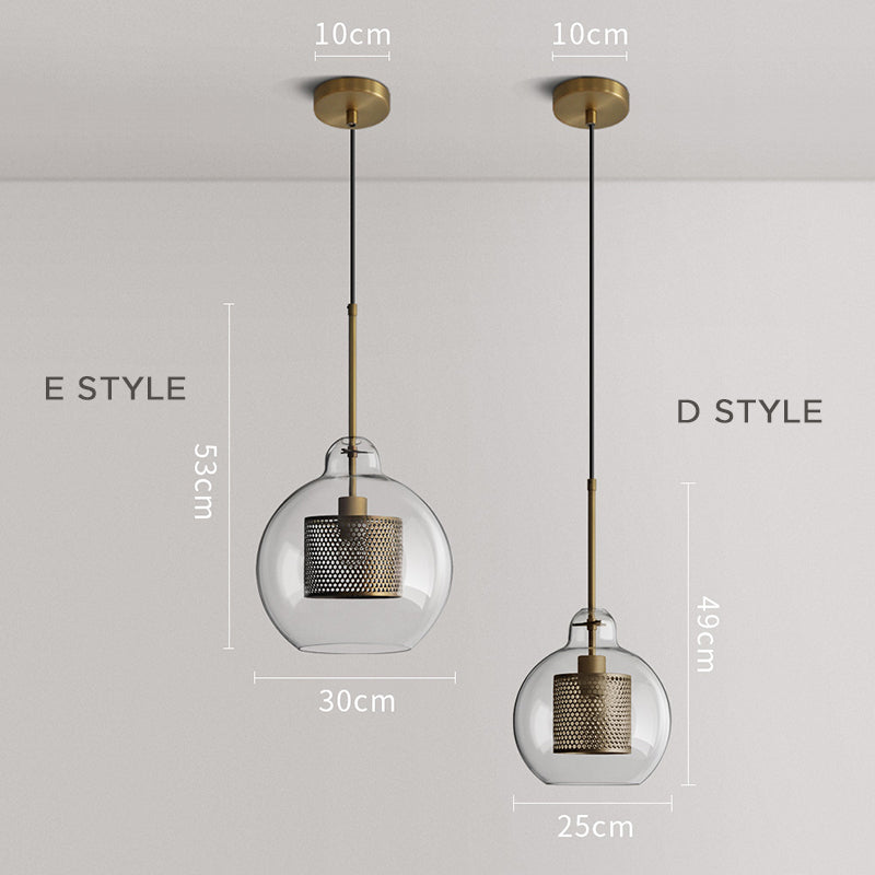 Hessa Contemporary Golden Pendant Light — Glass Globe and Cylindric Shape