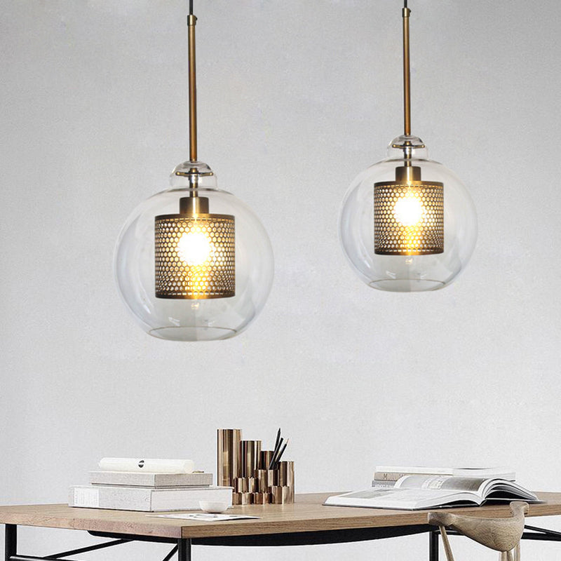Hessa Contemporary Golden Pendant Light — Glass Globe and Cylindric Shape