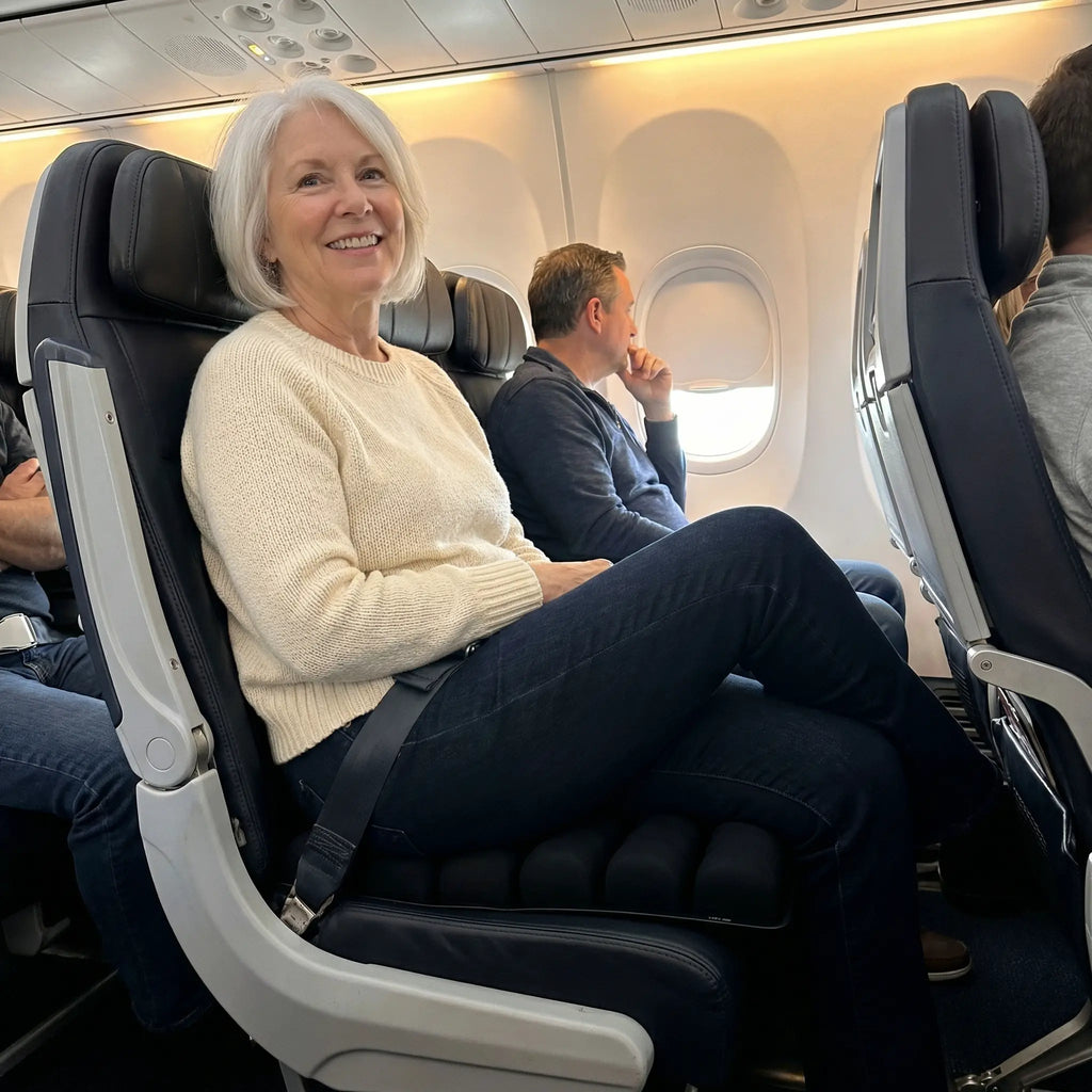 Smiling woman seated on the cushion in an aeroplane seat