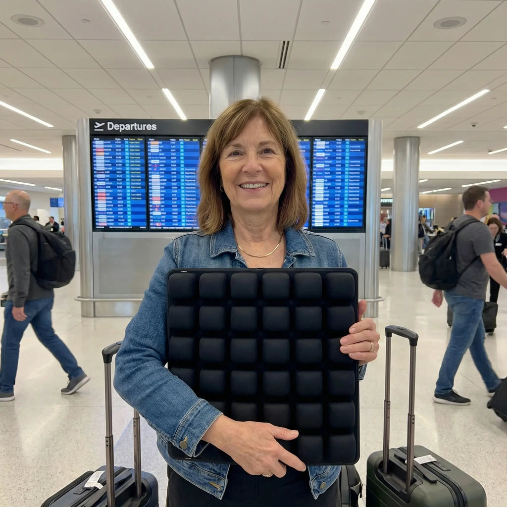 Woman at the airport holding the cushion next to her suitcase