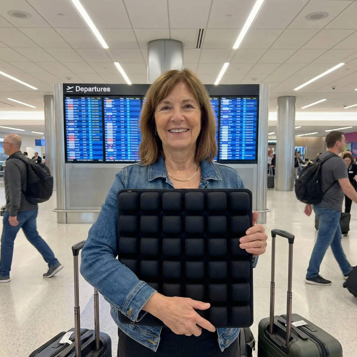 Woman at the airport holding the cushion next to her suitcase