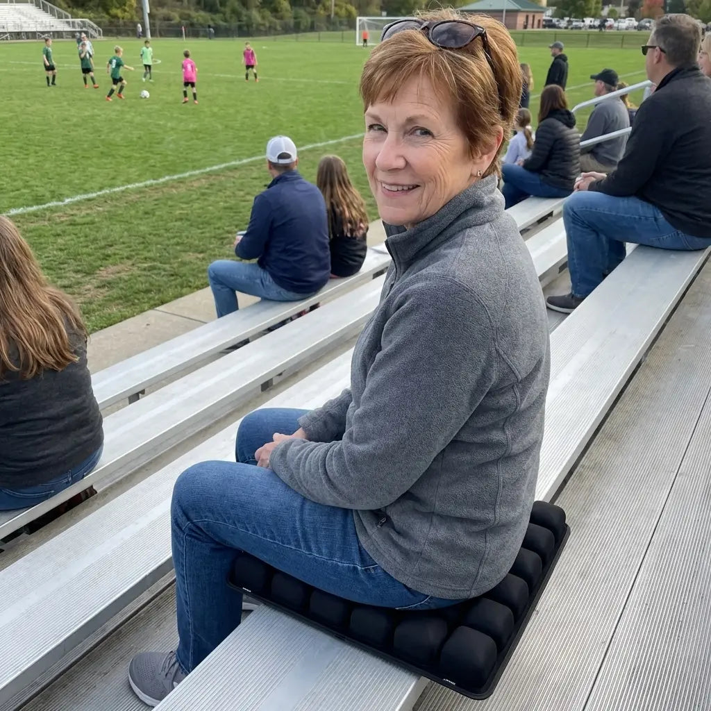 Woman sitting on the cushion on stadium bleachers at a sports game