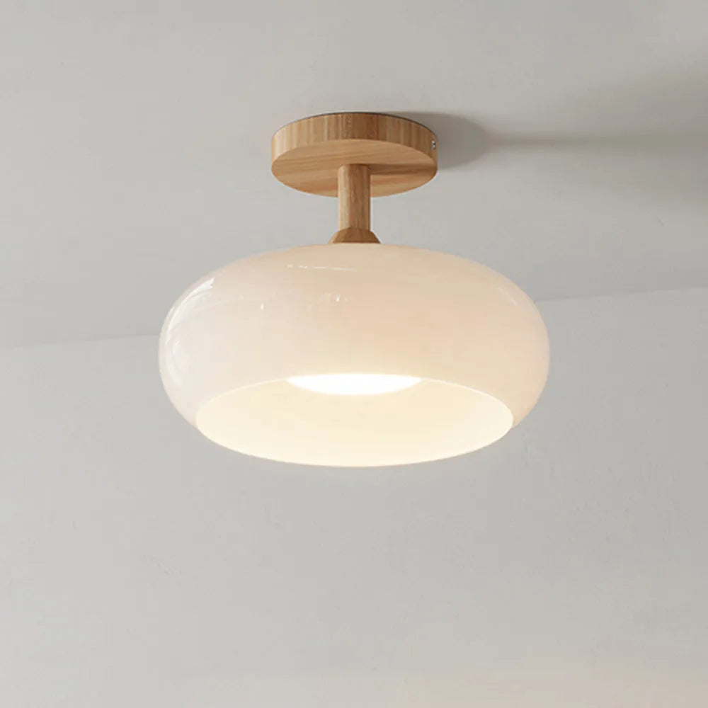 Valentina Flush Mount Ceiling Light — Minimalist Wood and Glass, White/Orange