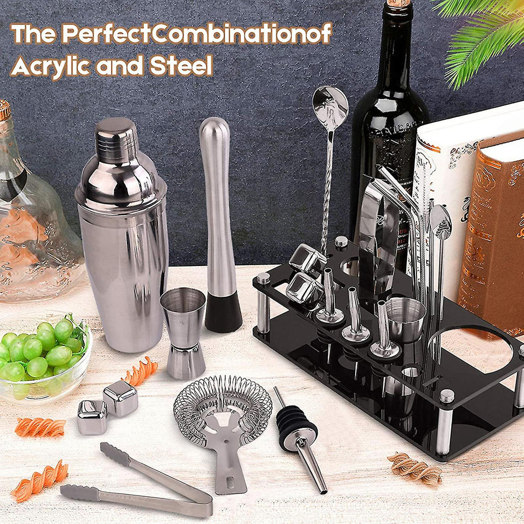 Ensemble de bar Aurora 23 pièces avec shaker à martini en acier inoxydable, support et accessoires