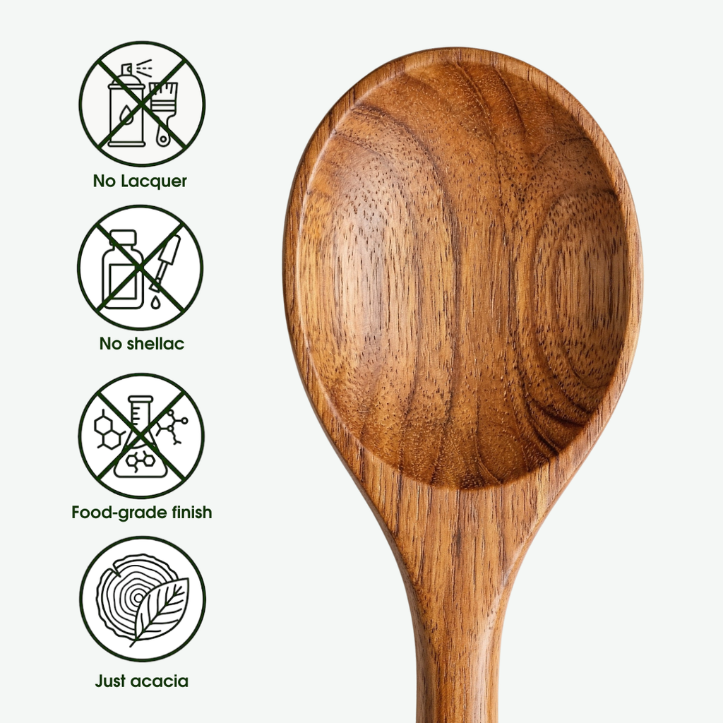 Set di utensili da cucina in legno d’acacia, 7 pezzi – realizzati a mano, finitura a olio, adatti alle padelle