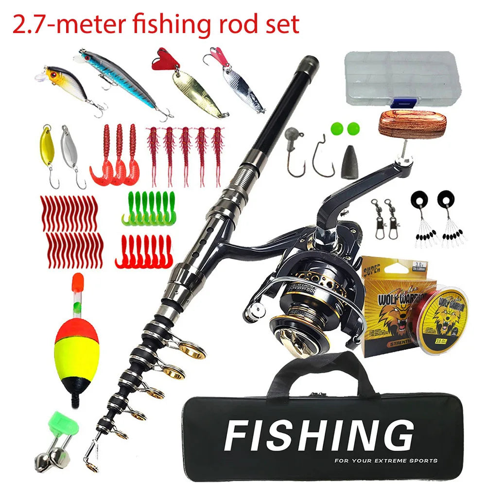 Kit completo canna da pesca telescopica in carbonio con mulinello spinning