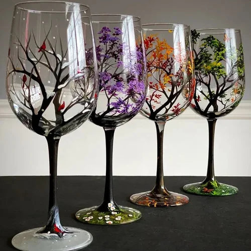 Verres à vin Arbre des quatre saisons - peinture à la main artistique
