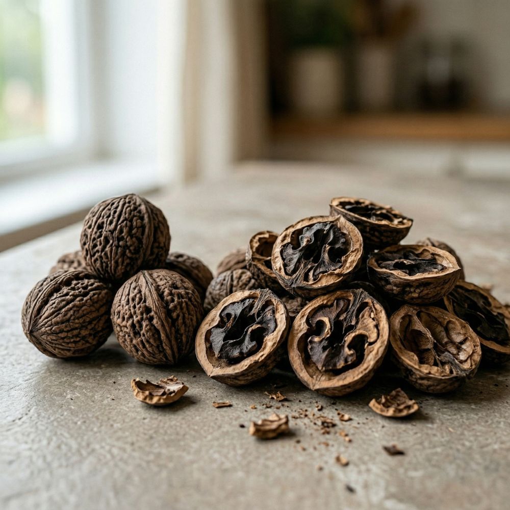 Whole and cracked black walnut hulls