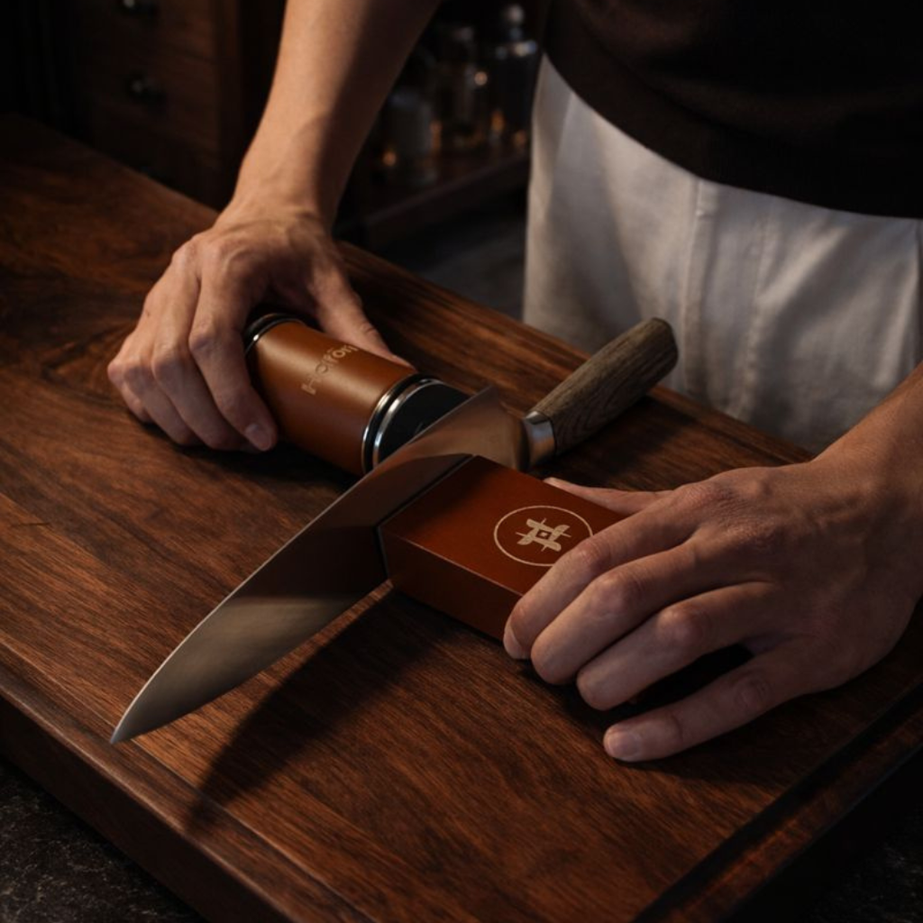 Rolling the diamond sharpener along the knife edge