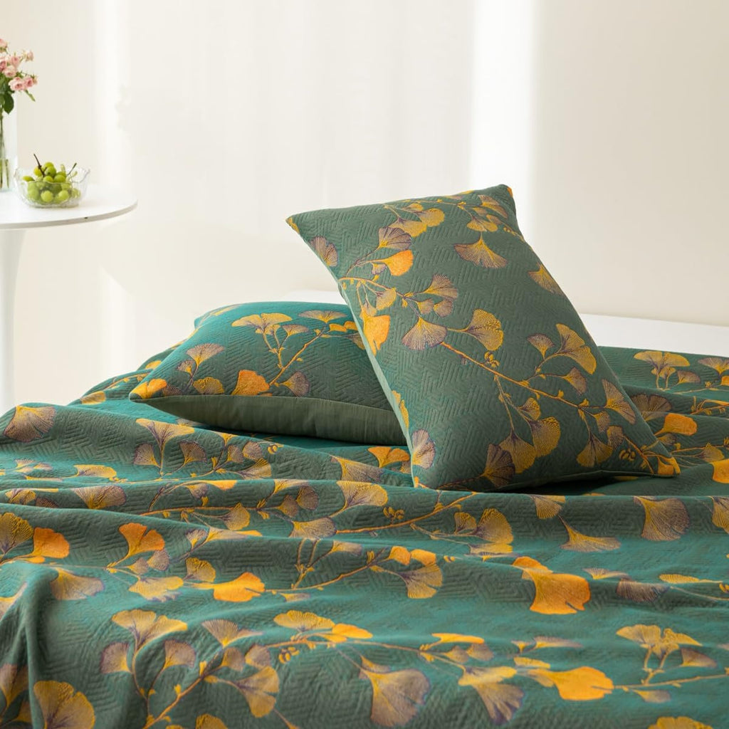 Ginkgo-Blätter Blumenmuster Wendebettüberwurf für Schlafzimmer